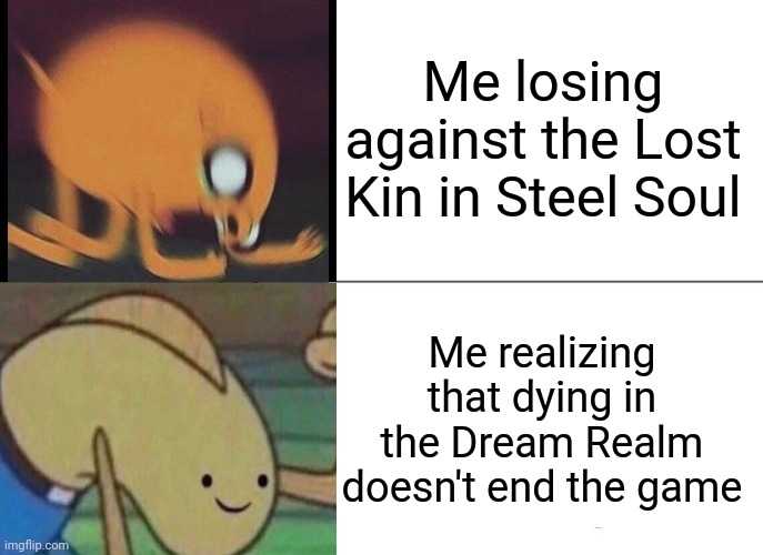 a cartoon picture of a dog with a caption saying me losing against the lost kin in steel soul