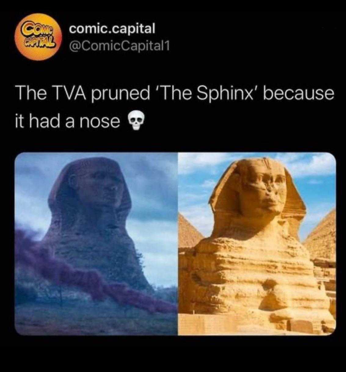 a picture of a sphinx statue and a tweet caption of the tv ruined the sphinx because it had nose