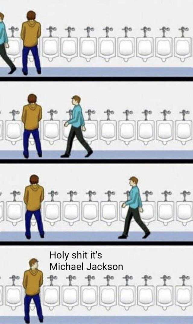 a cartoon of a man walking through a public restroom with a cross on the wall