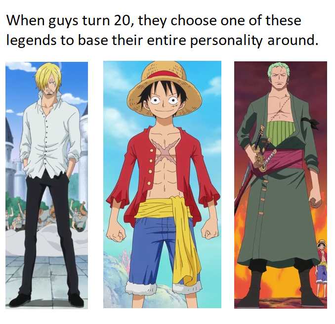 a couple of pictures of one piece characters with a caption of a man in a straw hat