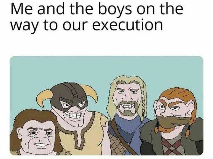 a cartoon picture of a group of men with beards and a helmet