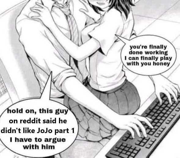 anime guy and girl hugging over a keyboard with a caption