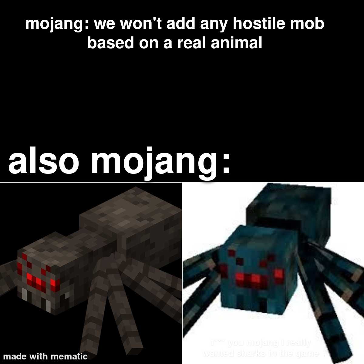 a picture of a spider and a minecraft character with caption