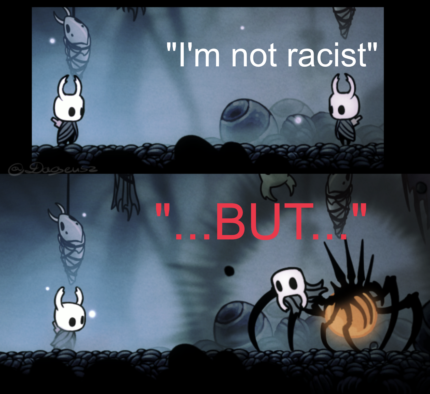 cartoon of a spider and a spider with a caption saying i ' m not racist but