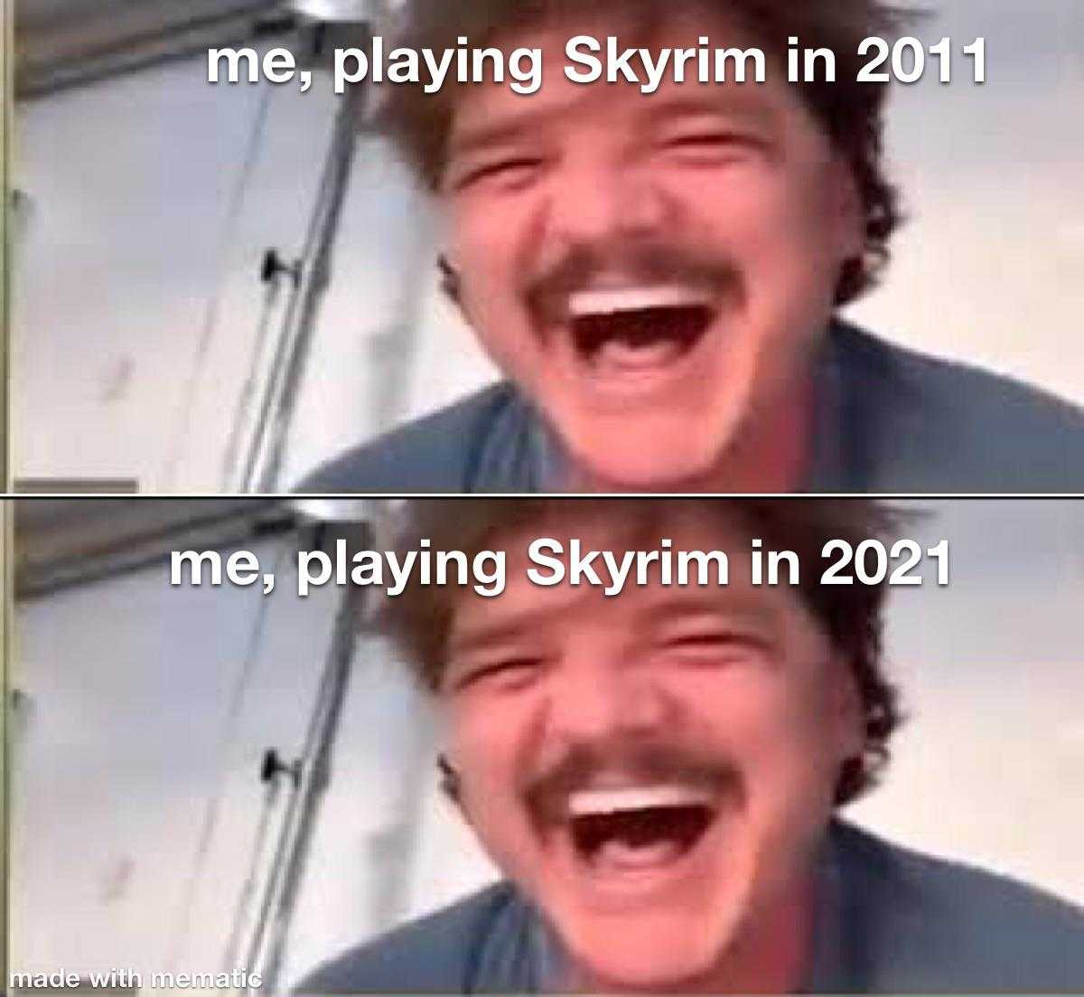 man laughing and laughing with a caption of playing skyrim in 2011