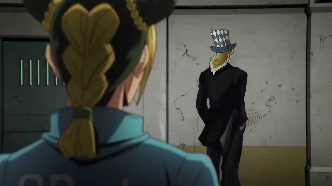 anime character with a hat on his head looking at another character