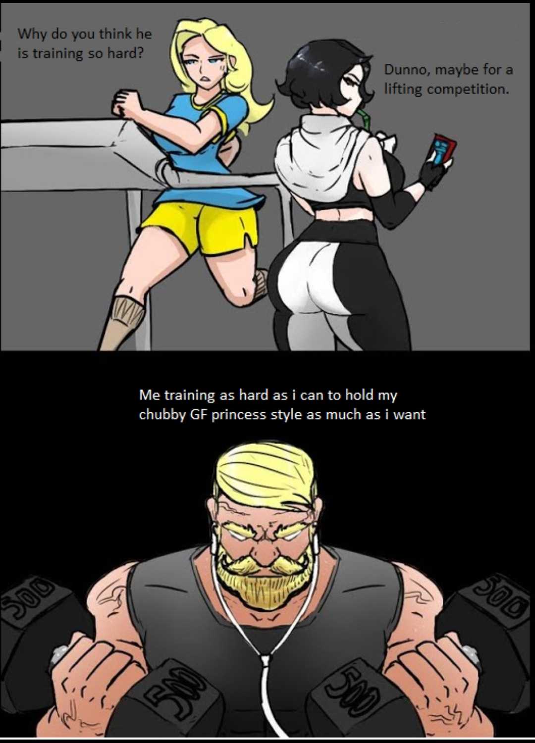 a cartoon picture of a woman and a man in a gym