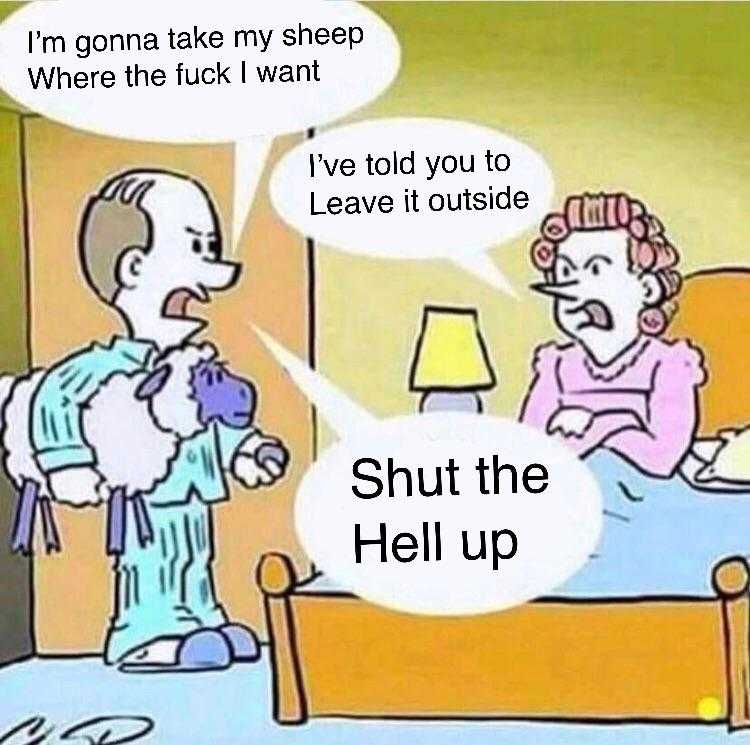 cartoon of a man and woman in bed with a sheep saying, i ' m gonna to take my sheep