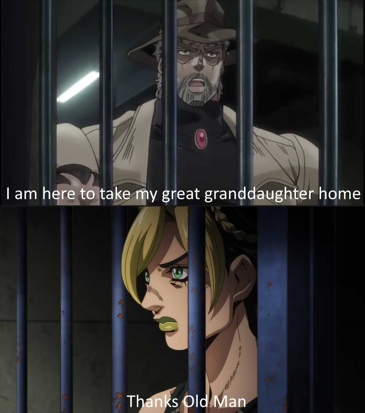 anime characters in jail with caption saying i am free to take my great granddaughter home thanks old man