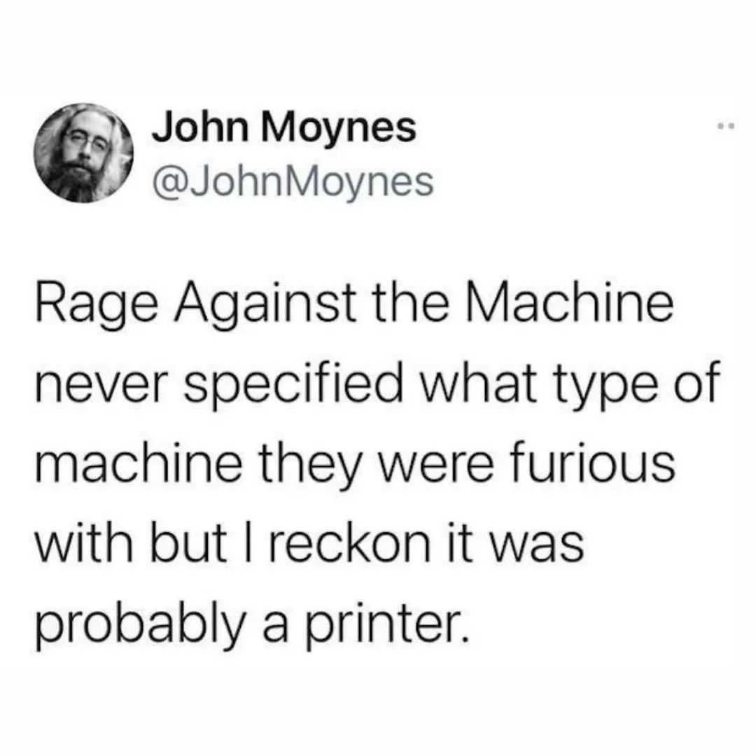 a tweet with a picture of a man on it saying rage against the machine never specified what type