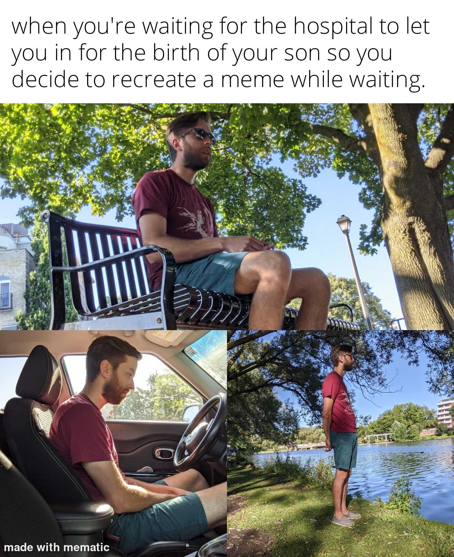 man sitting on a bench in front of a lake and a man sitting on a bench in front of a lake