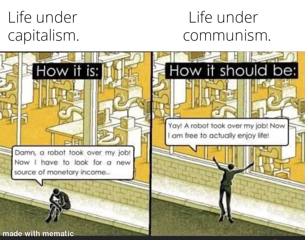 cartoon of a man standing in front of a building with a caption saying life under capitalism how it should