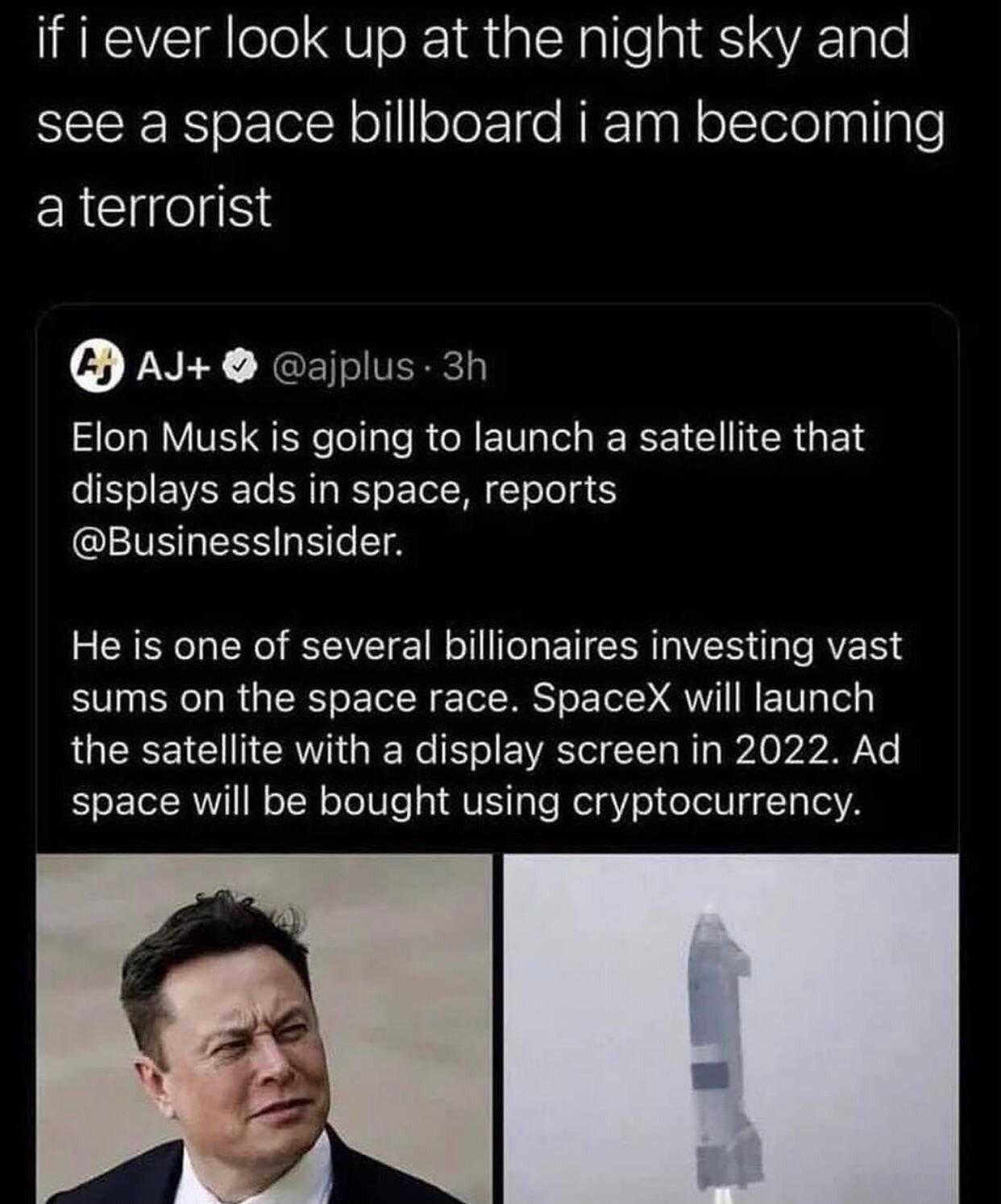 a close up of a person in a suit and tie with a rocket in the background