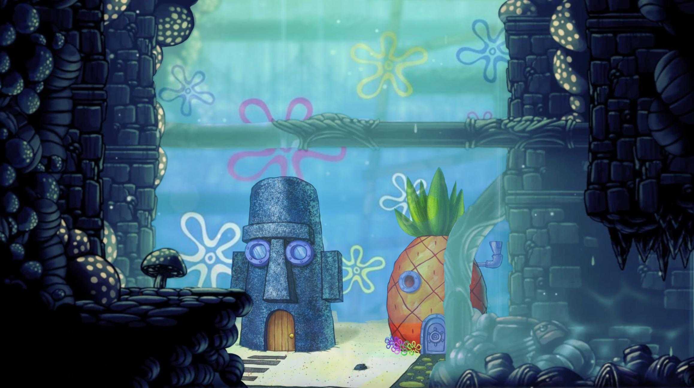 there is a cartoon spongebob in a sponge - like environment