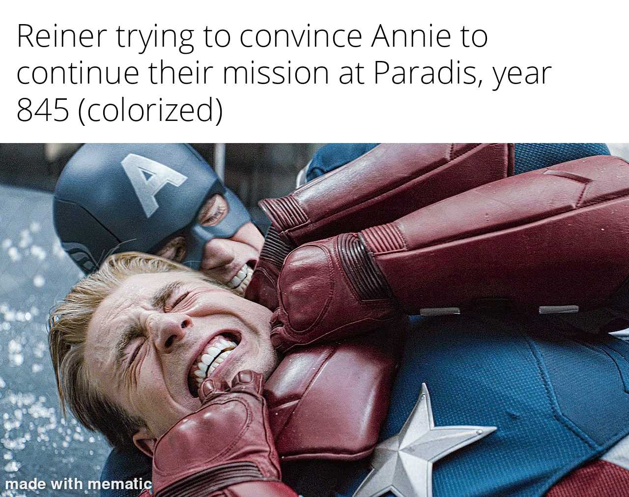 avengers meme of a man in a captain america costume and a woman in a red and blue suit