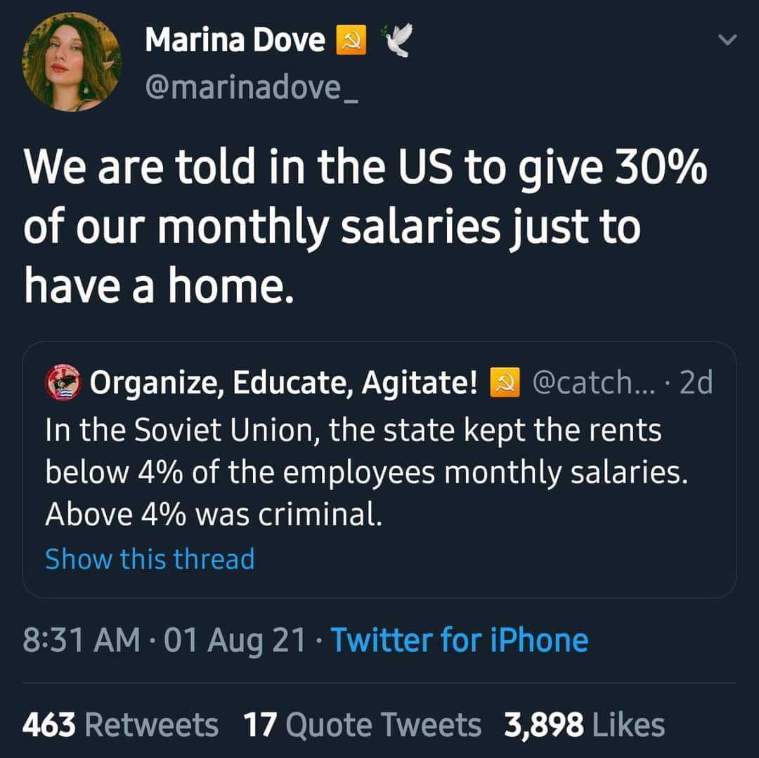 a screenshot of a twee with a message stating that we are told in the us give 30 % of our monthly salaries just to have a home