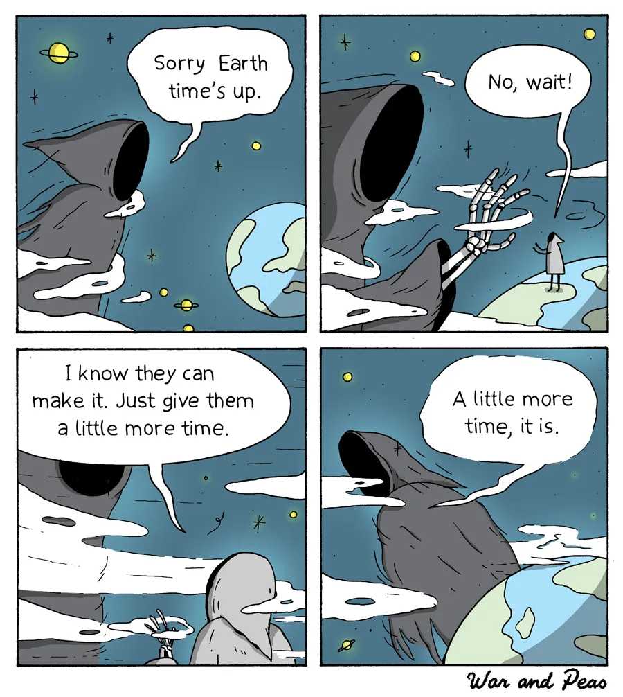 a cartoon of a shark with a fish in its mouth and a caption saying sorry earth ' s up