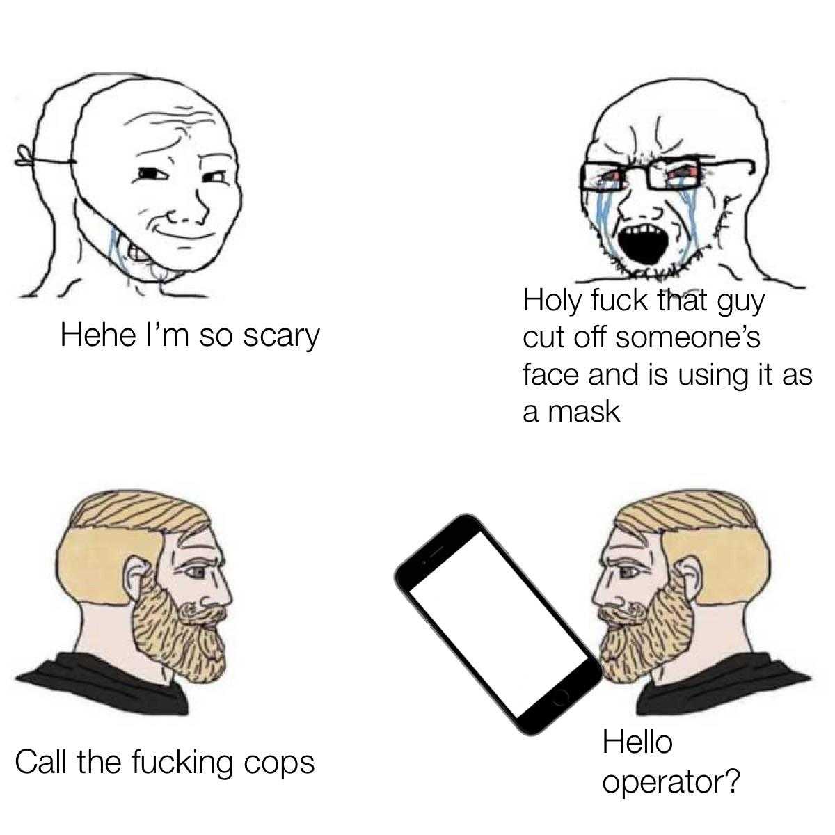 a cartoon drawing of a man with a beard and a phone