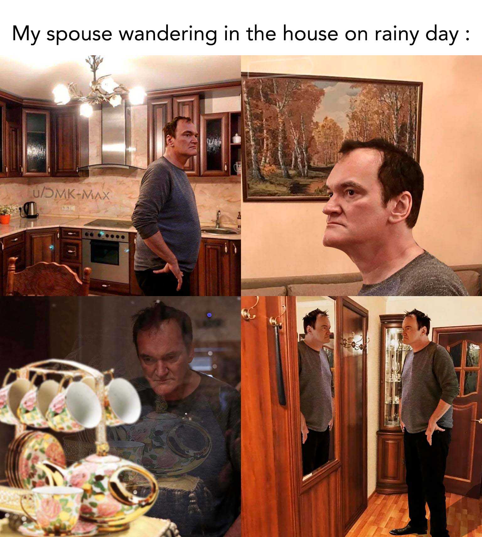 there are two pictures of a man standing in a kitchen