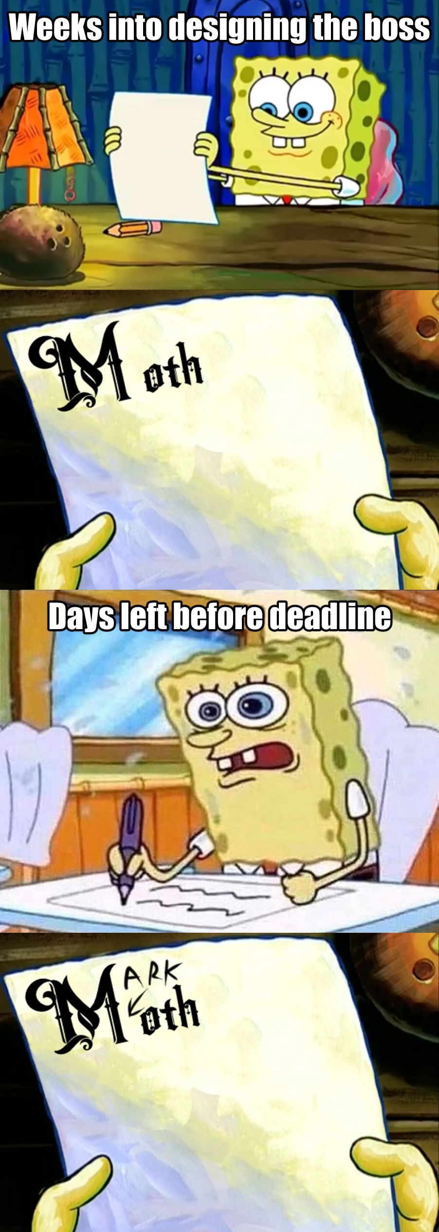 cartoon spongebob with a note and a pen in his hand