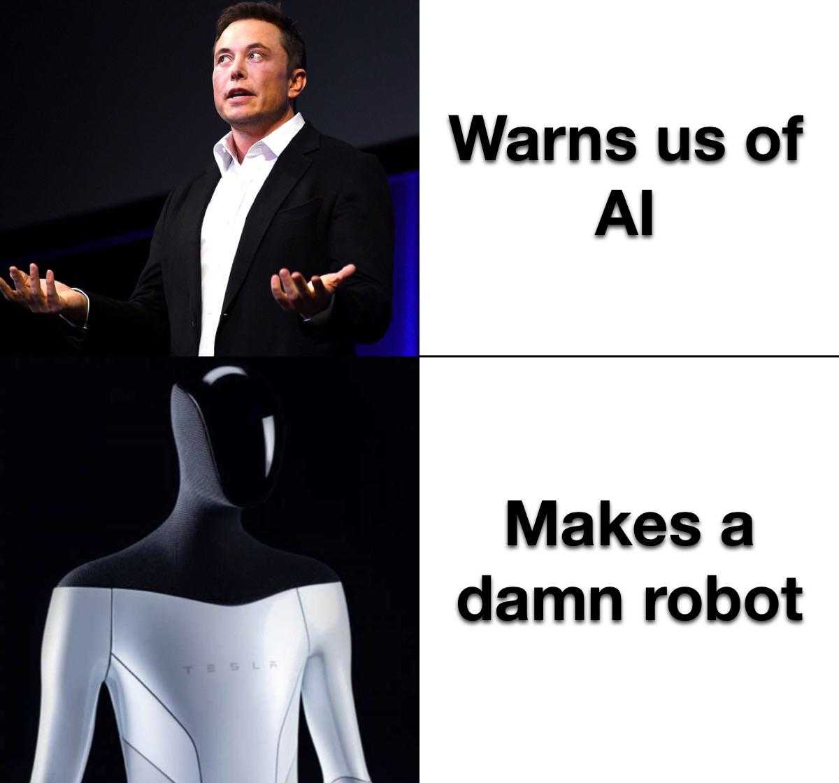 image of a man in a suit and a mannequin with the words warms us of ai makes a damn robot