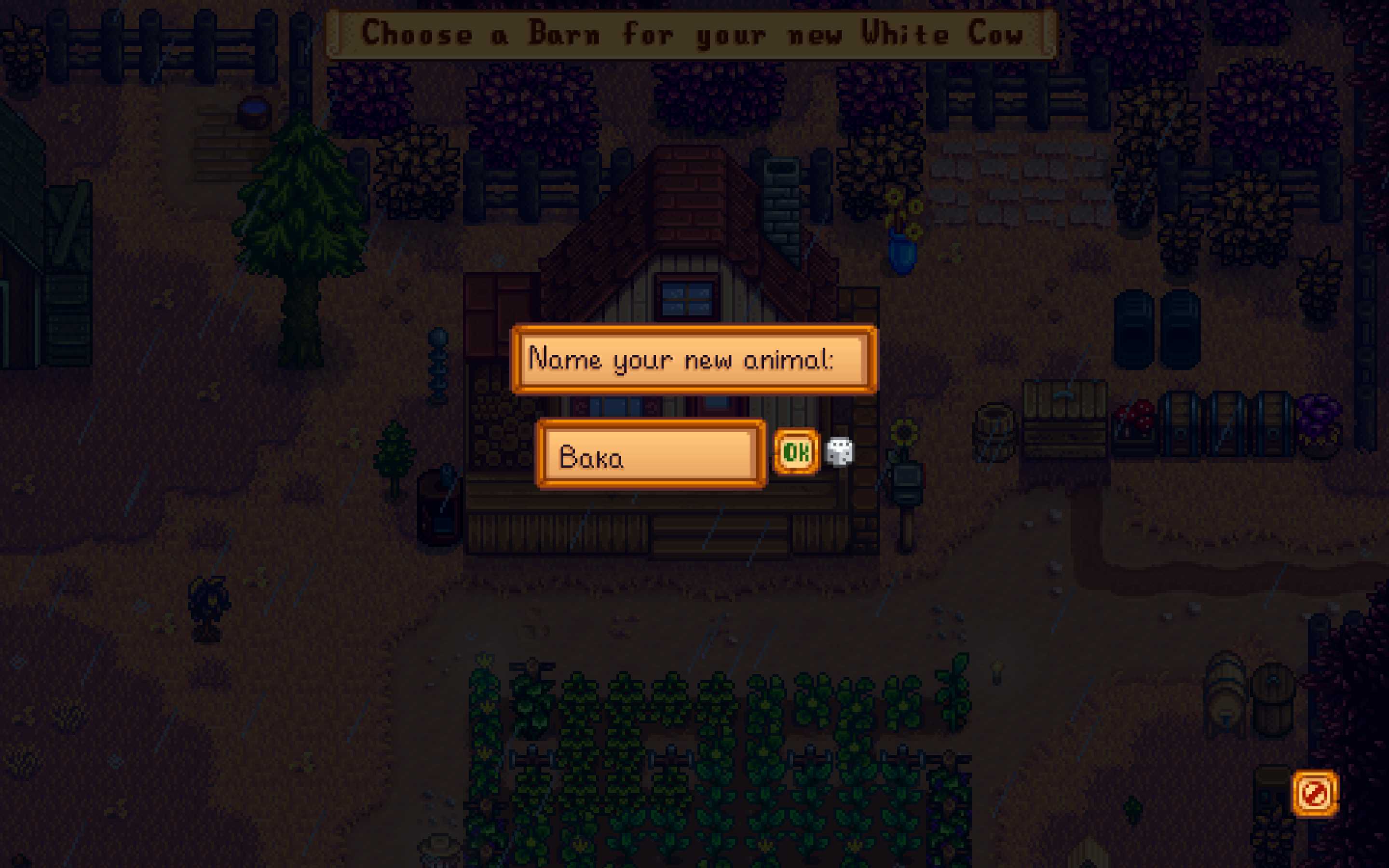 view of a farm with a sign that says choose a barn for your white cow