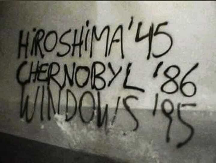 graffiti on the wall of a building that says hiroshima ' s chernoby 86 windows 95