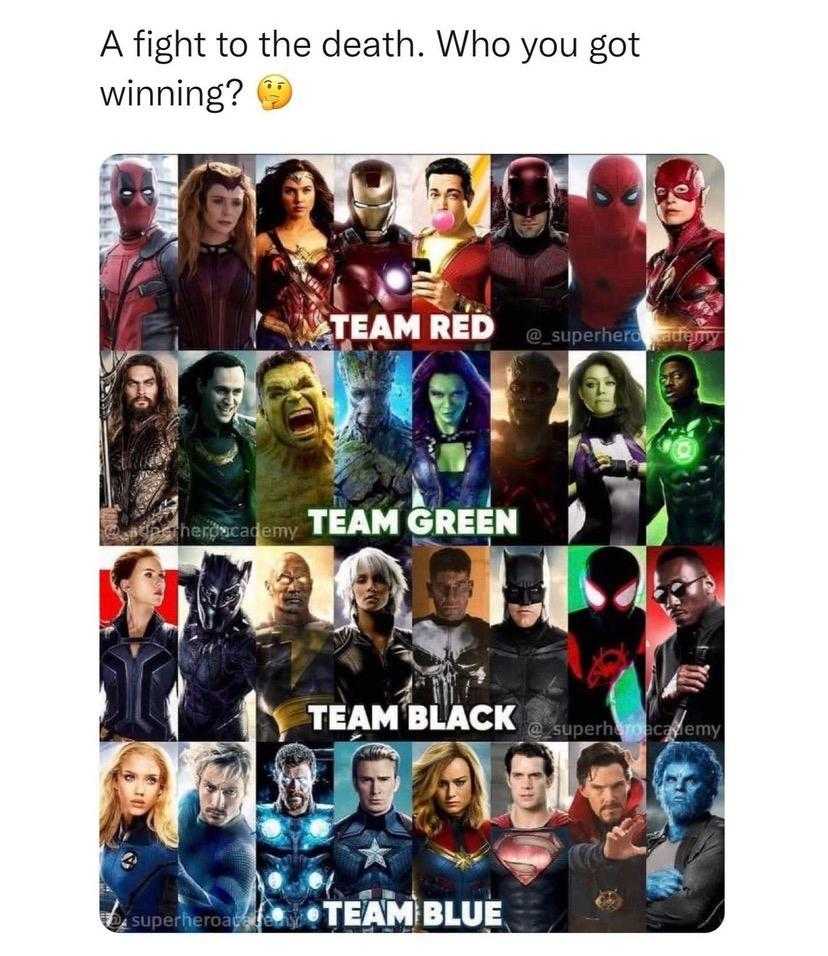 a group of avengers characters with caption caption that reads, a fight to the death who you got