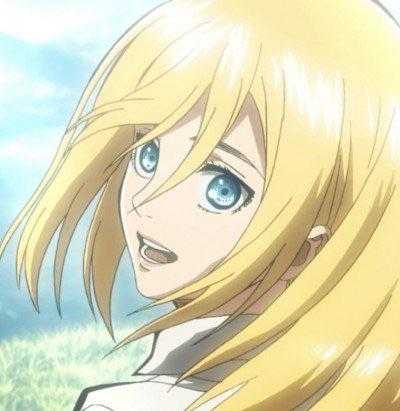 anime girl with long blonde hair and blue eyes looking at something