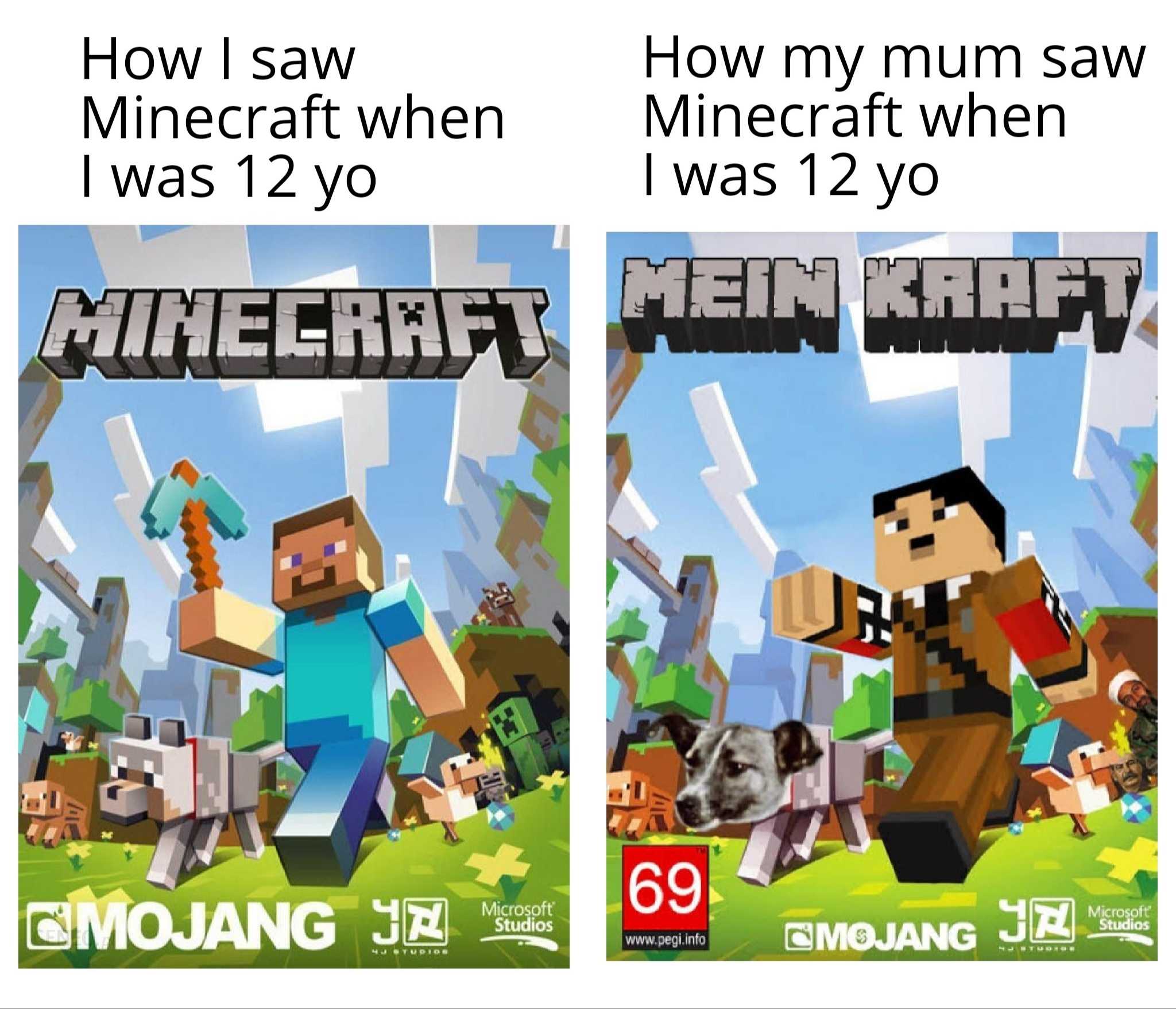 two posters of minecraft characters with a dog and a man