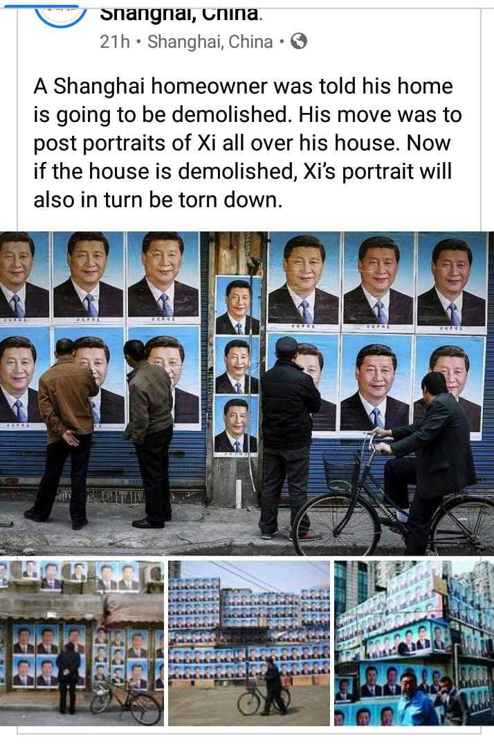 a group of people standing around a building with pictures of men on it