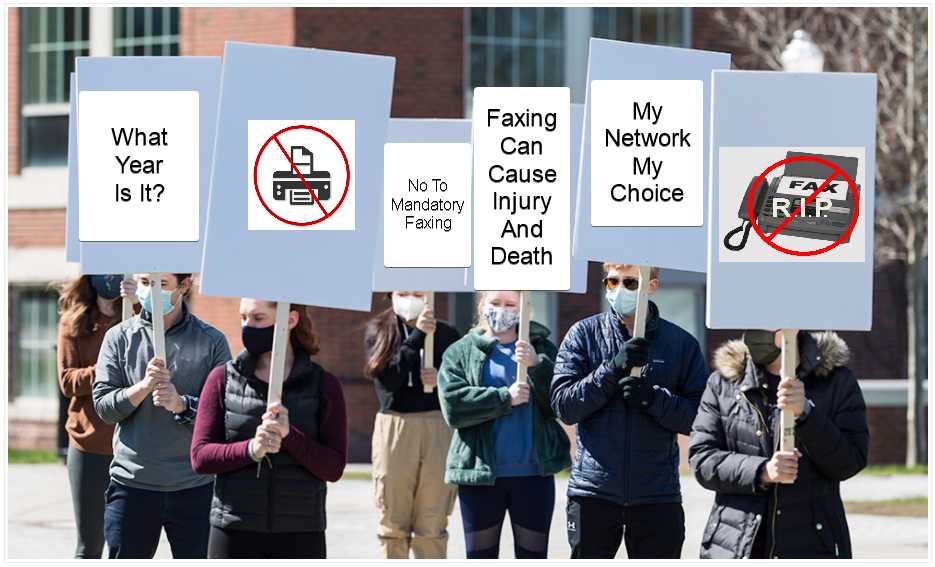 several people holding signs with different signs in front of a building