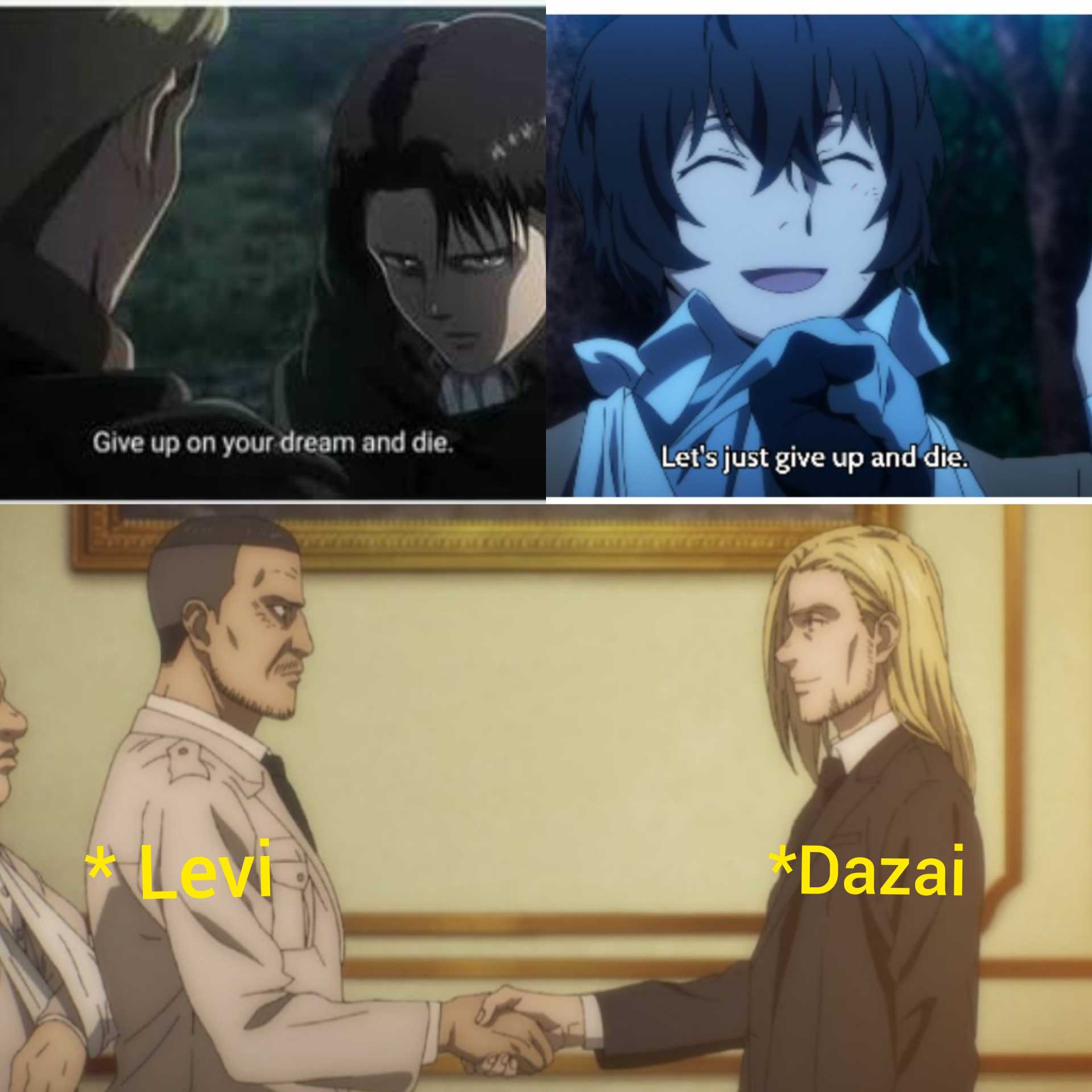 anime characters shaking hands with a caption of a man in a suit