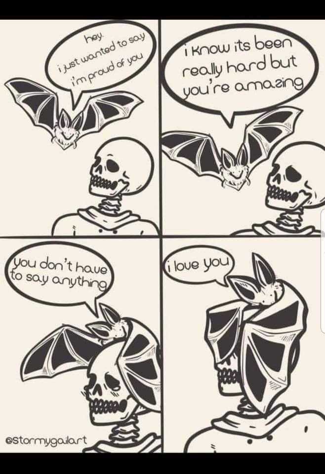 cartoon of a skeleton with a bat on its head and a speech bubble above it