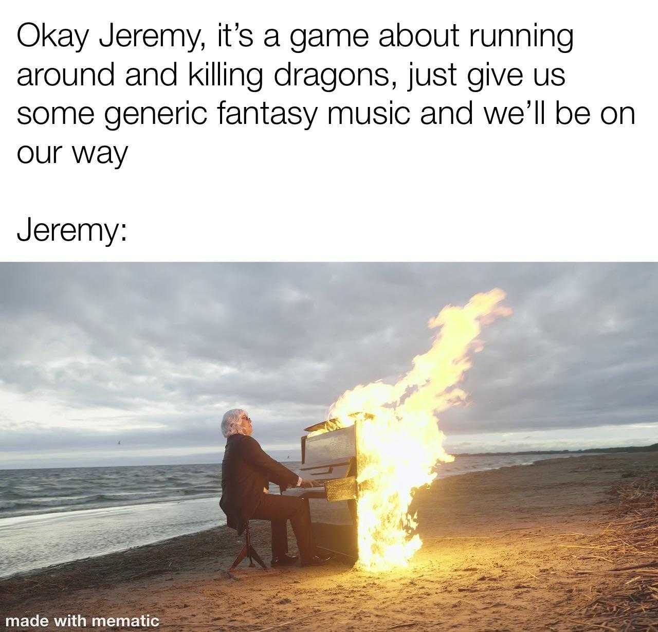 piano on the beach with a fire burning in the air