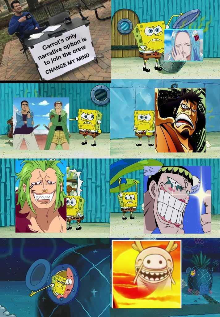 a collage of pictures of spongebob characters with a sign that says,