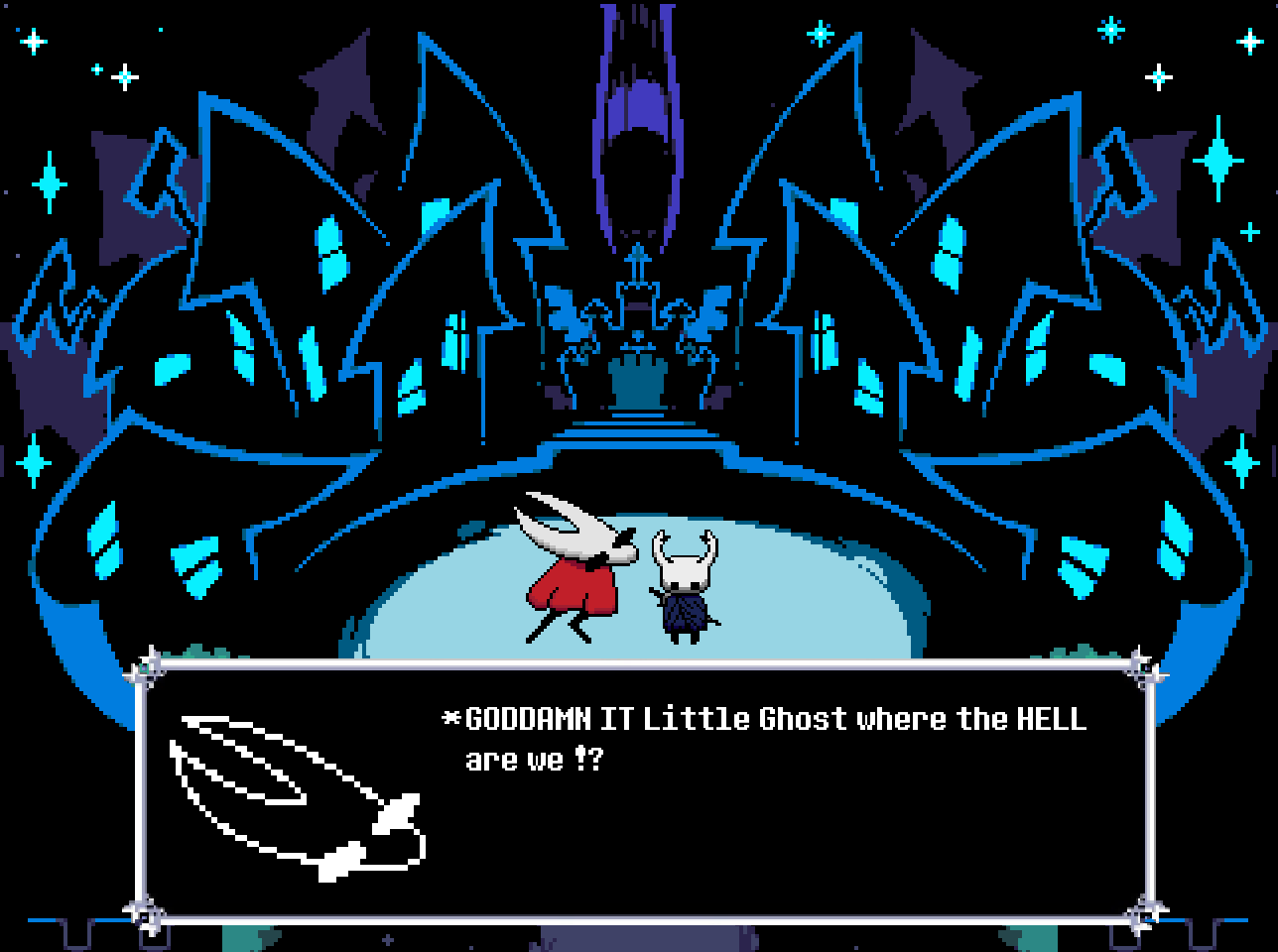 a screenshot of a game screen with a castle and a person