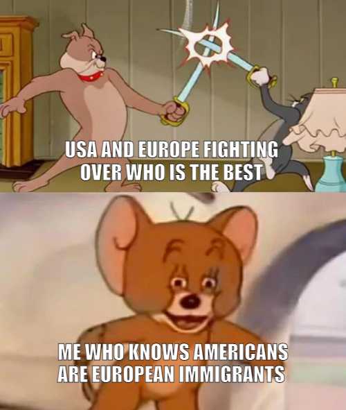 cartoon of a bear and a cat fighting over who is the best me who knows americans are european immigrants