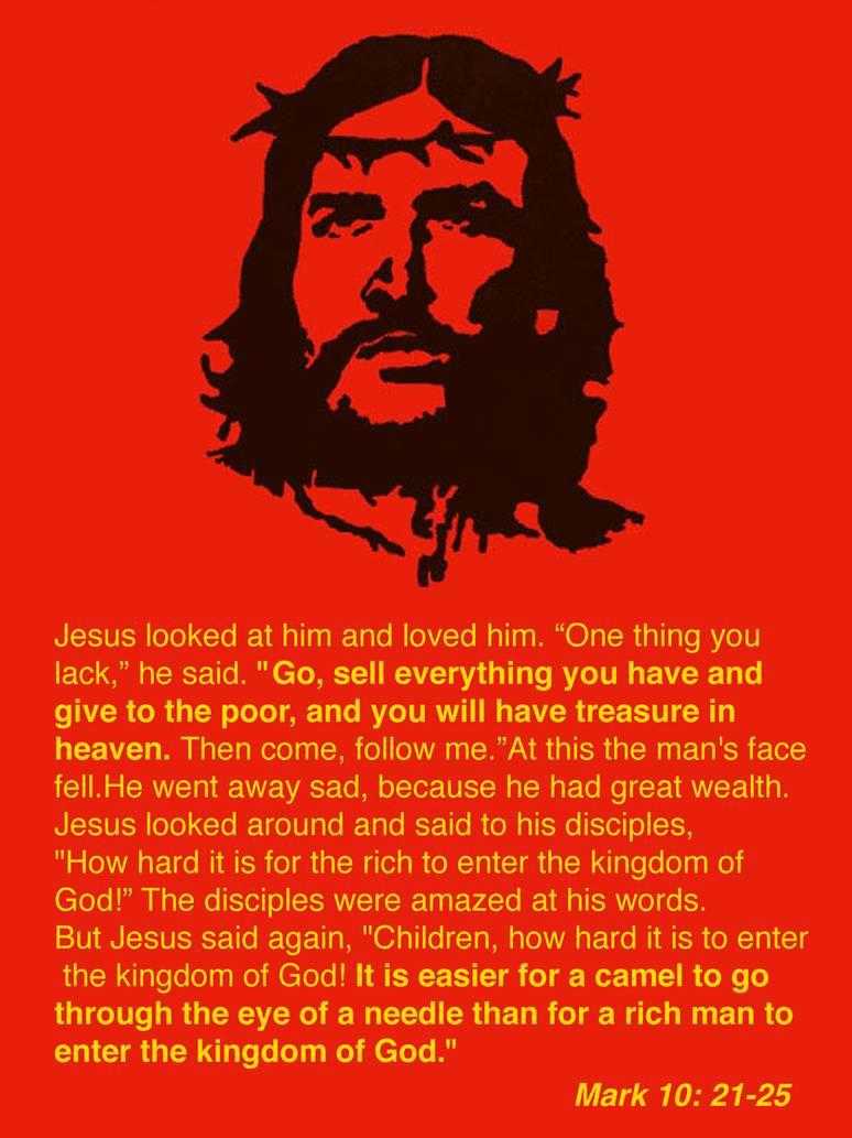 a red poster with a picture of jesus and a quote