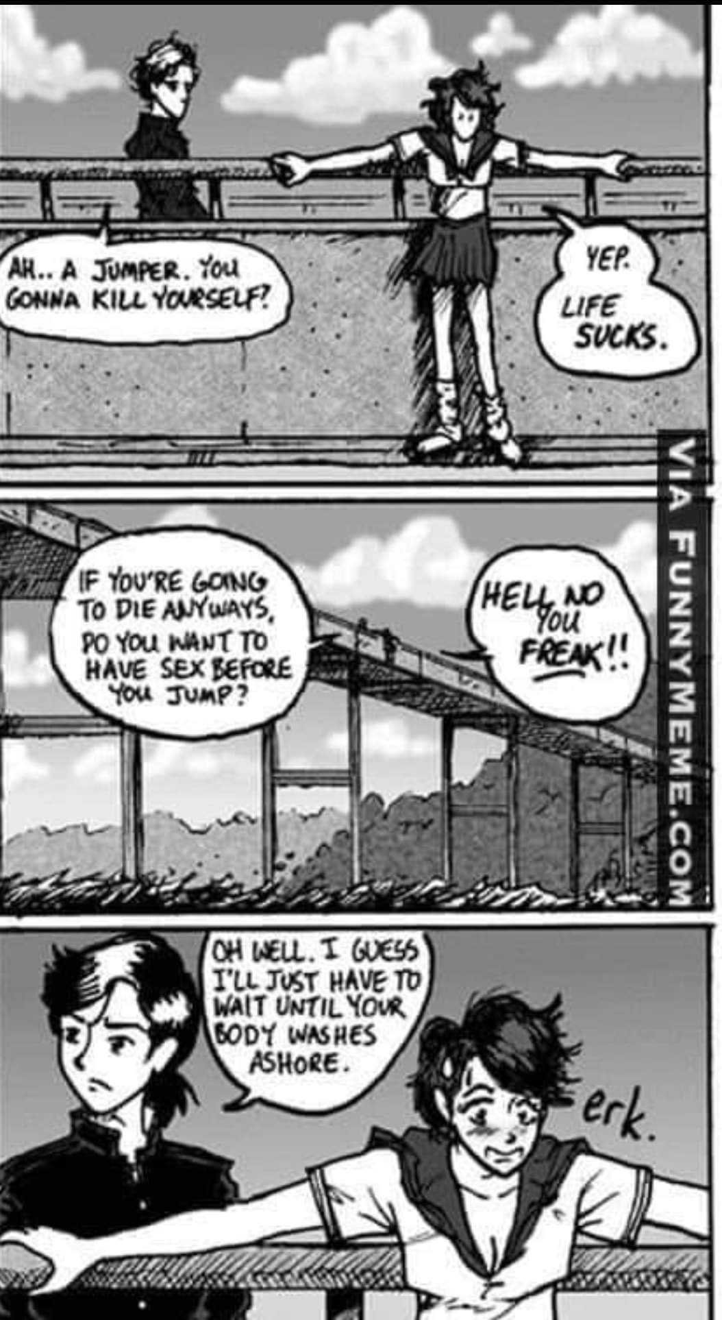 a comic strip with a comic strip of two people on a bridge