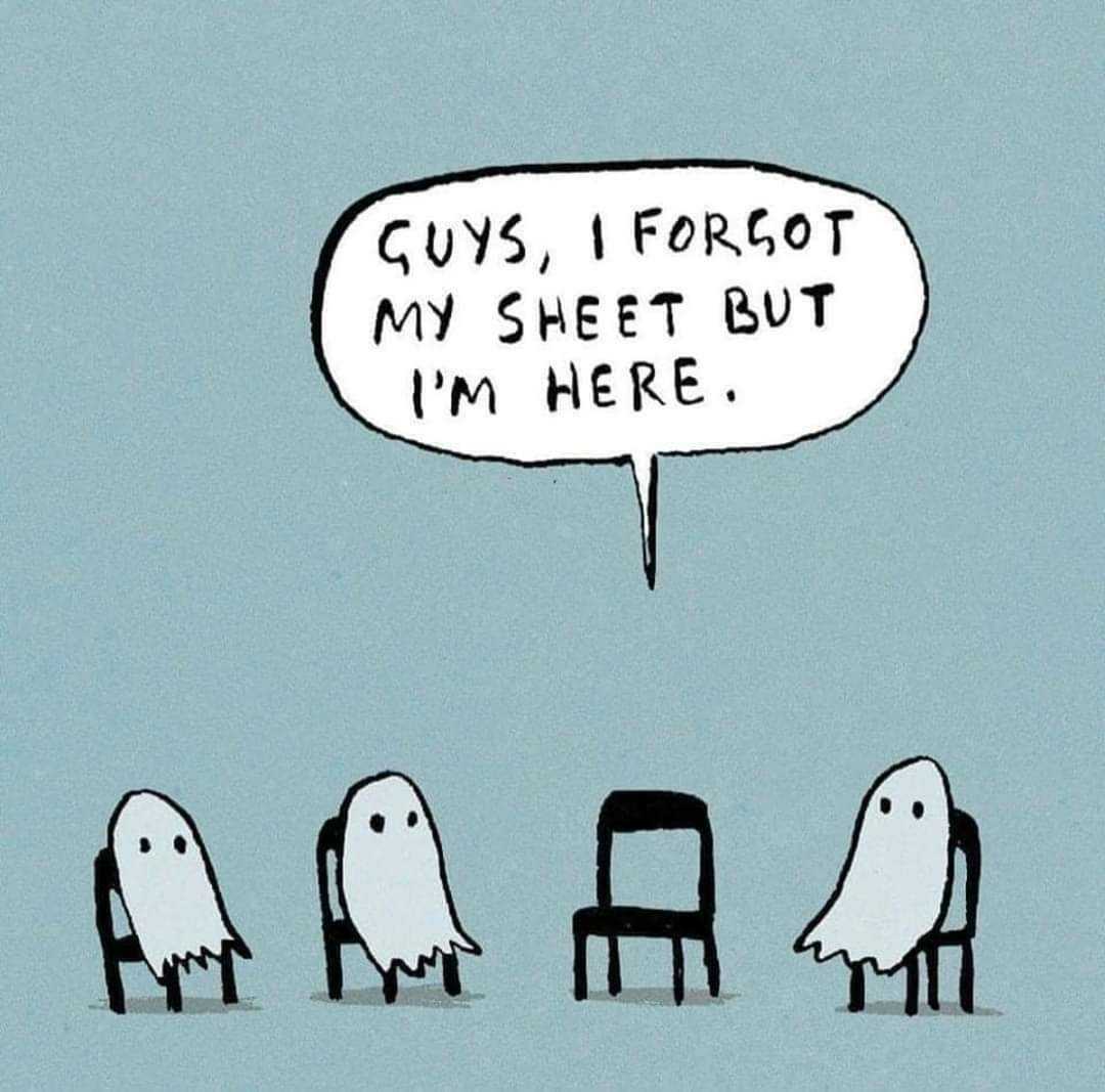 cartoon of ghost sitting in a row of chairs with a speech bubble above them