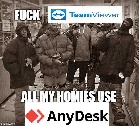 there are four men standing in a store with a sign that says fuck all my homes use any desk