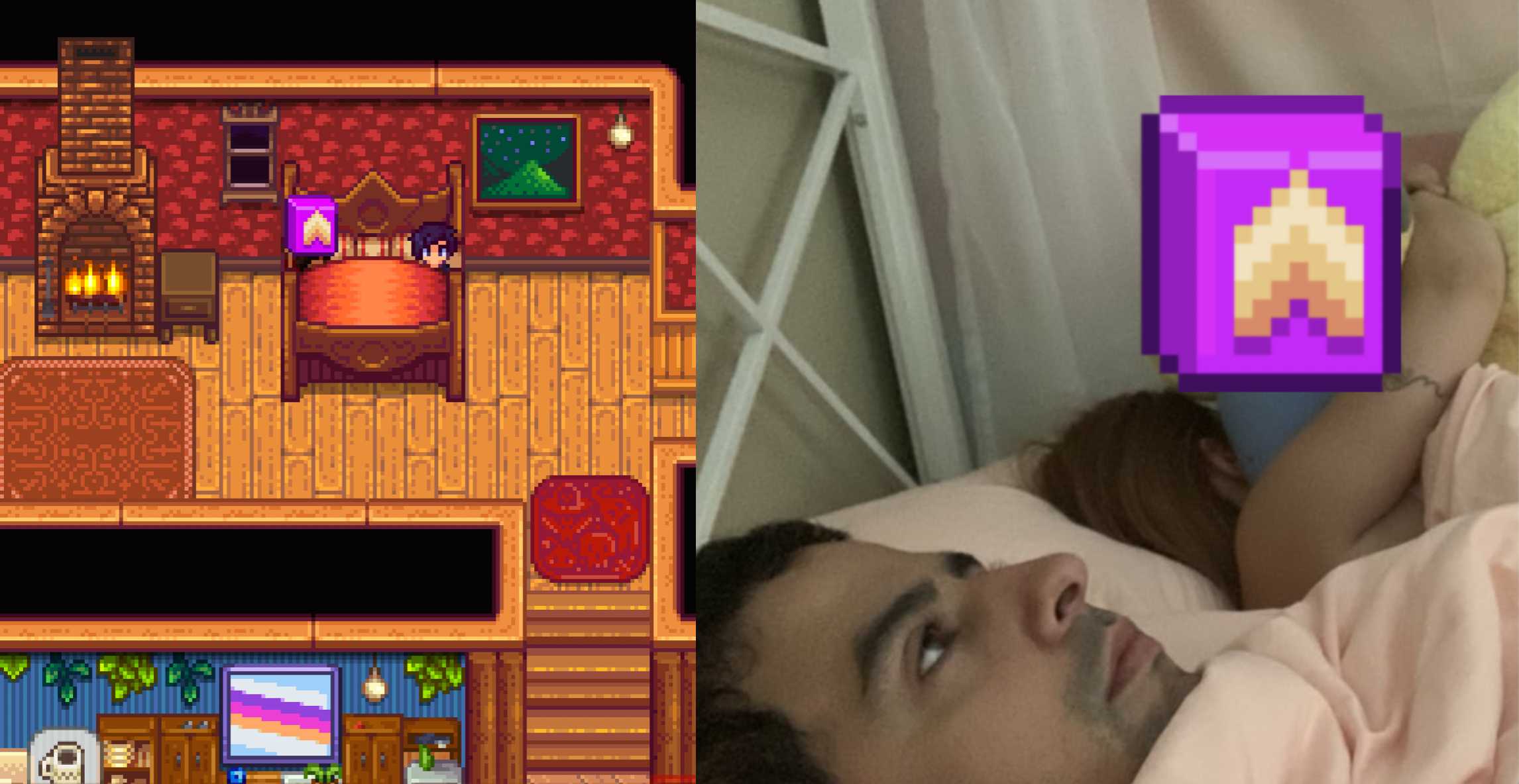 there is a man laying in bed with a teddy bear and a video game