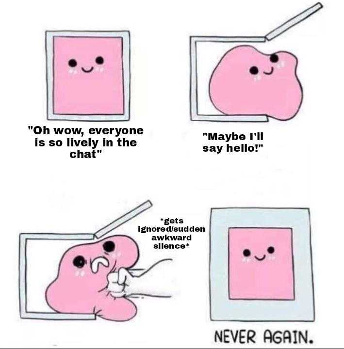 cartoon of a pink square with a caption saying, ' oh now everyone is so ugly in the chat