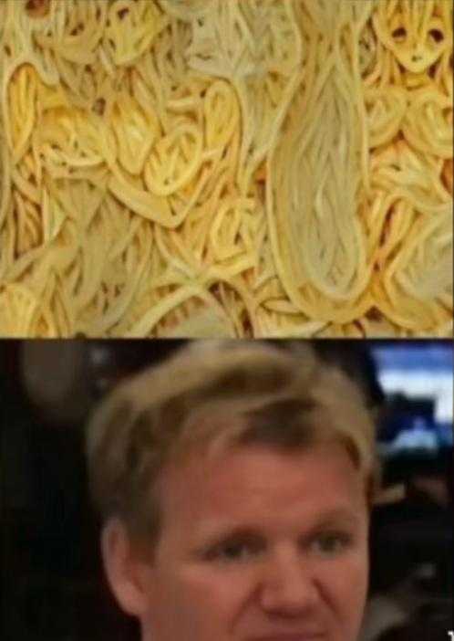 a close up of a man with a plate of food and a picture of a bowl of noodles