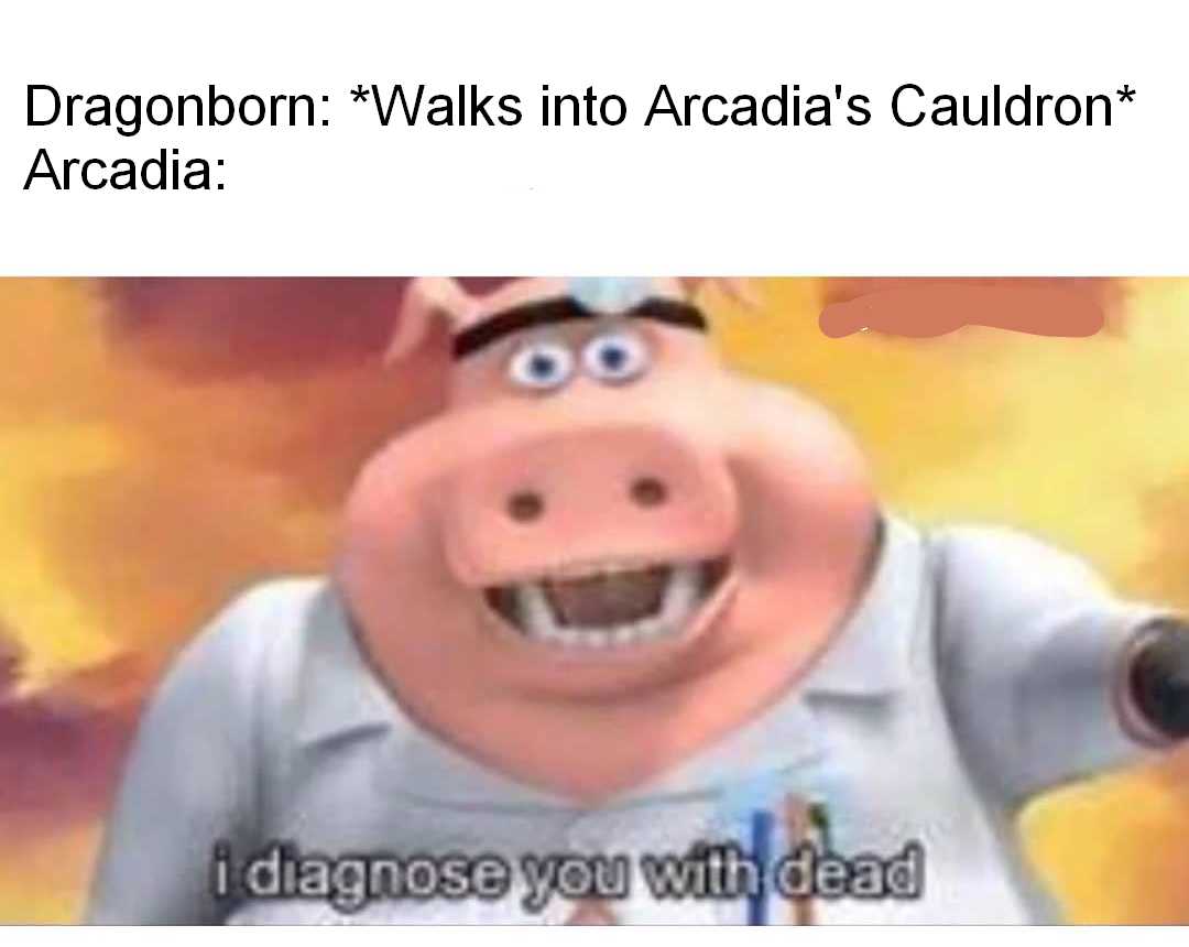 a cartoon pig with a caption saying dragon walks into arcadia