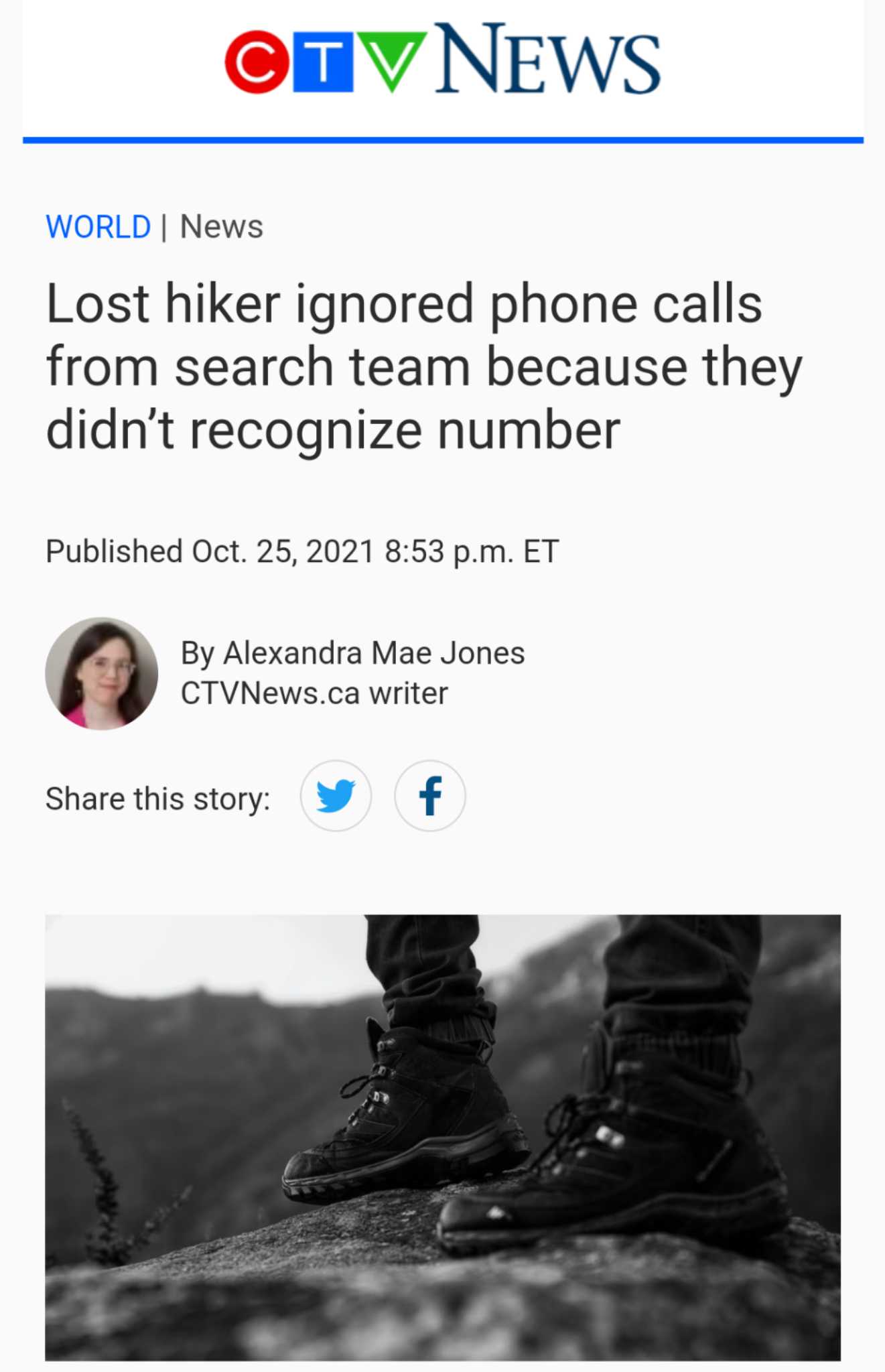 a screenshot of a news page with a person standing on a rock