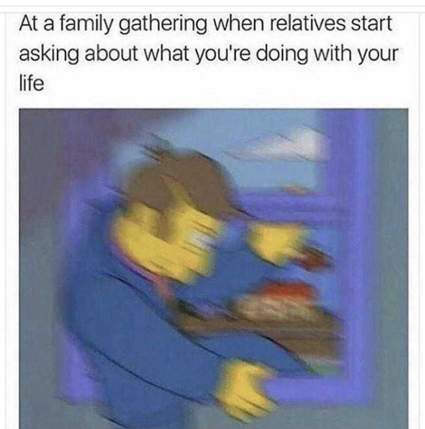 a cartoon image of a man eating a pizza with a caption saying, at family gathering when relatives start asking about what you ' re doing with your life