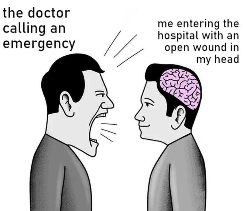 cartoon of two men with a brain in their head and the caption of the doctor calling emergency