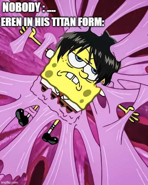 cartoon spongebob with a pink background and a caption that says nobody, teen his titan form